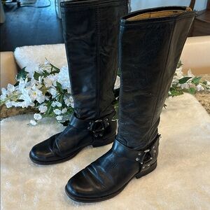 Frye Black Leather Moto Boots with Buckle Detail